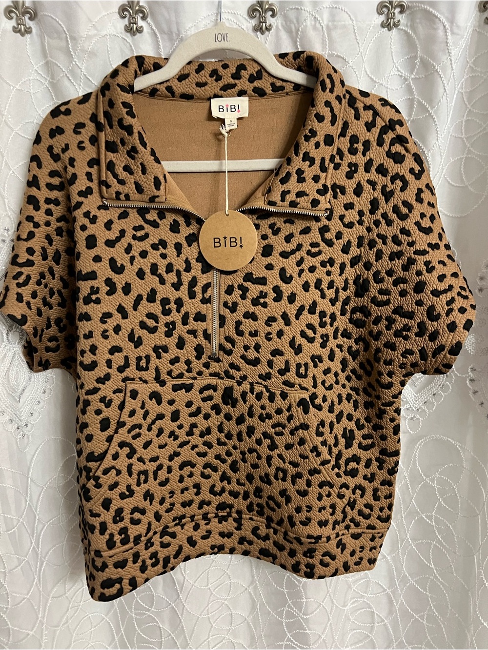 BiBi Women's Short-Sleeve Leopard Print Pullover - Tan/Black with Matching Short